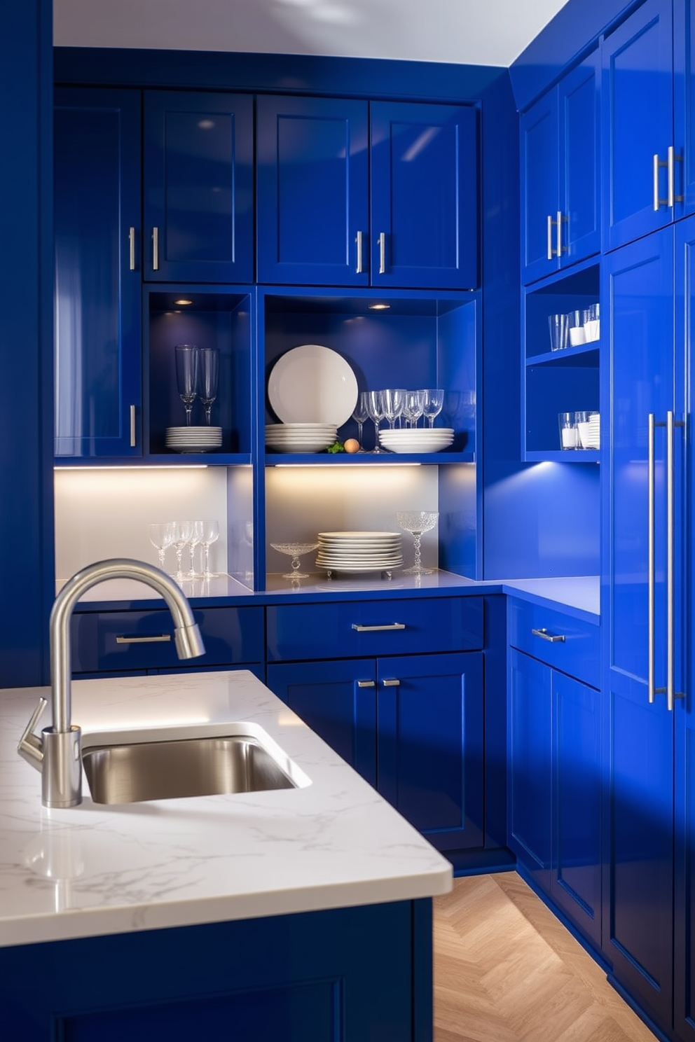 A rich royal blue pantry with polished chrome accents creates a bold and elegant statement. The cabinetry features sleek lines and a high-gloss finish, complemented by chrome hardware and fixtures. Open shelving displays curated dishware and glassware, adding a touch of sophistication. Soft, ambient lighting illuminates the space, highlighting the deep blue tones and creating a warm atmosphere.