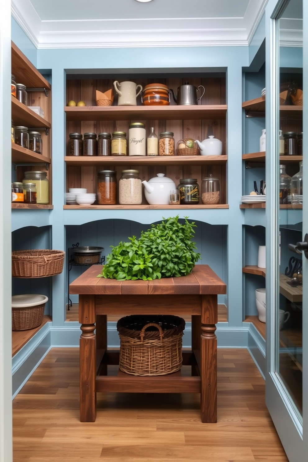 A charming pantry design featuring a sky blue color scheme with farmhouse style elements. The pantry includes open shelving made of reclaimed wood, showcasing a variety of jars and vintage kitchenware. The walls are painted in a soft sky blue, creating a bright and inviting atmosphere. A rustic wooden table sits in the center, adorned with fresh herbs and a woven basket for added charm.