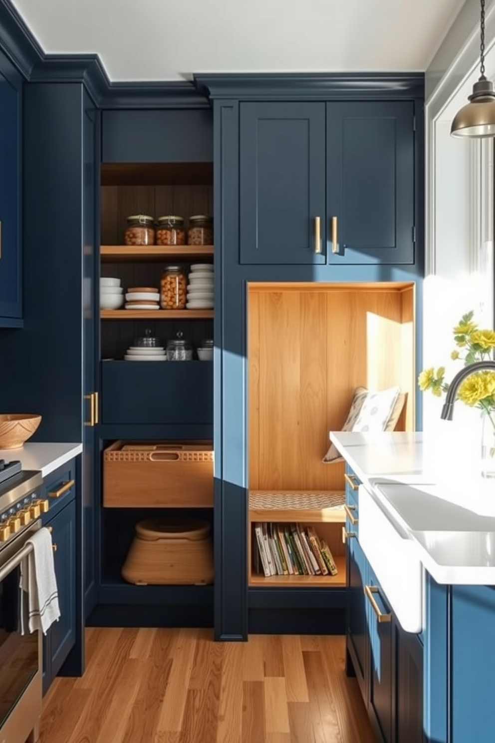 A striking kitchen design featuring dark blue cabinetry paired with warm wood tones. The pantry showcases open shelving with neatly arranged jars and a cozy reading nook bathed in natural light.