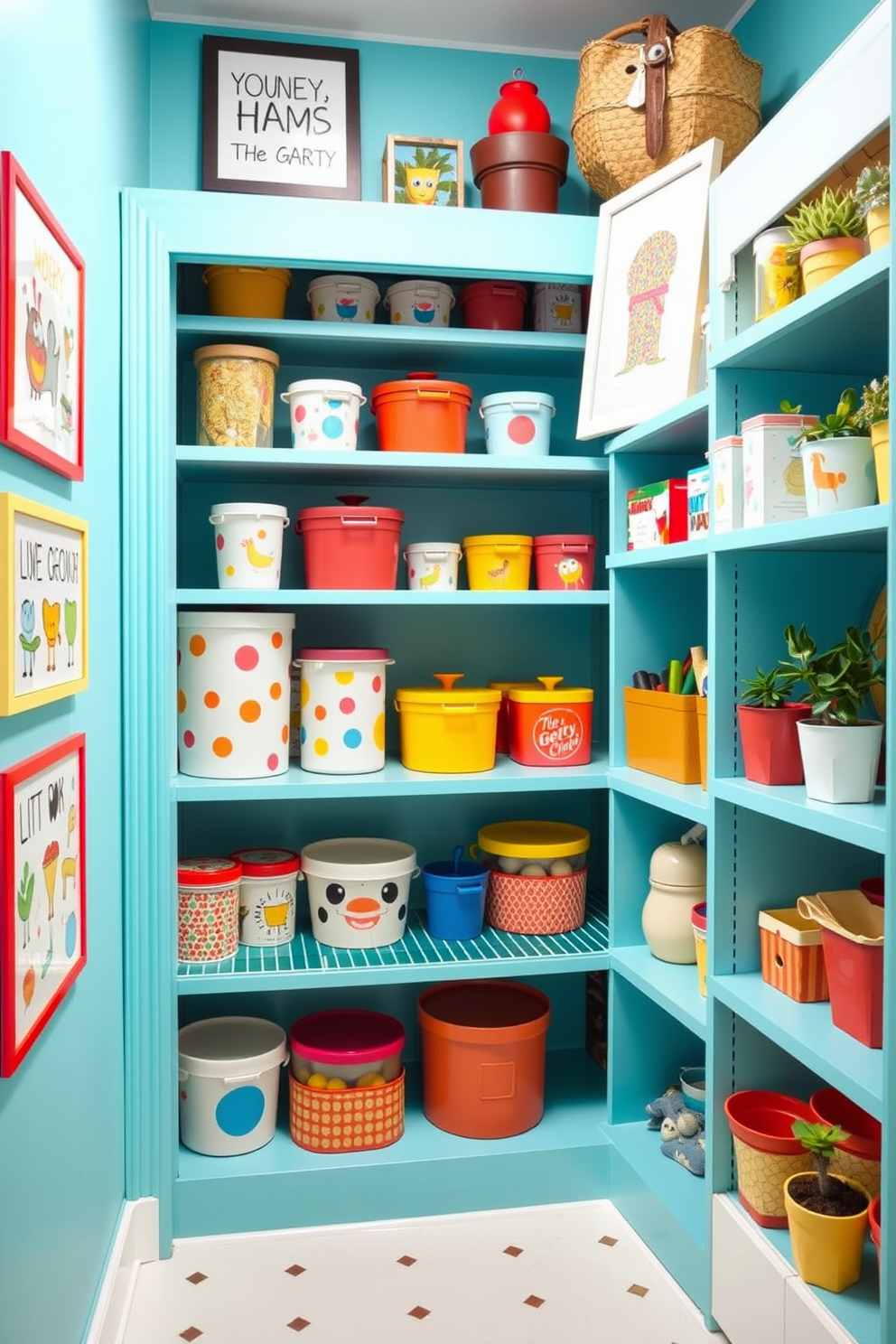 A bright turquoise pantry filled with playful decor featuring colorful shelves and whimsical storage containers. The walls are adorned with fun art prints and there are small potted plants adding a touch of greenery.