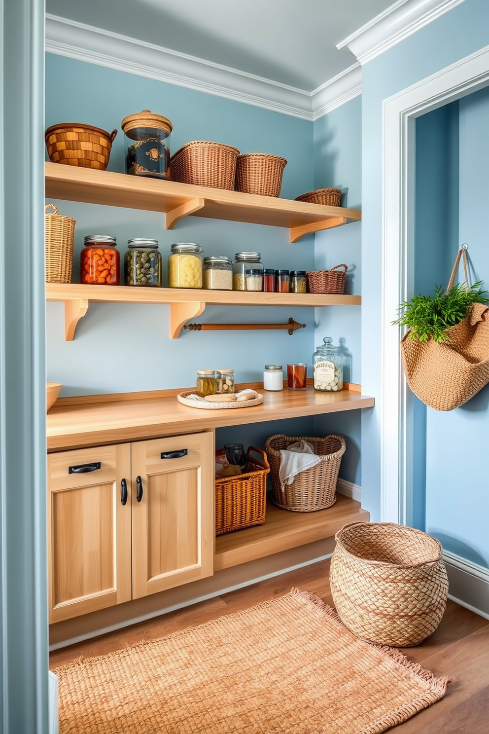 A rustic navy barn door serves as the entrance to a charming pantry filled with organized shelves. The interior features a cohesive blue color palette with open shelving displaying neatly arranged jars and baskets.