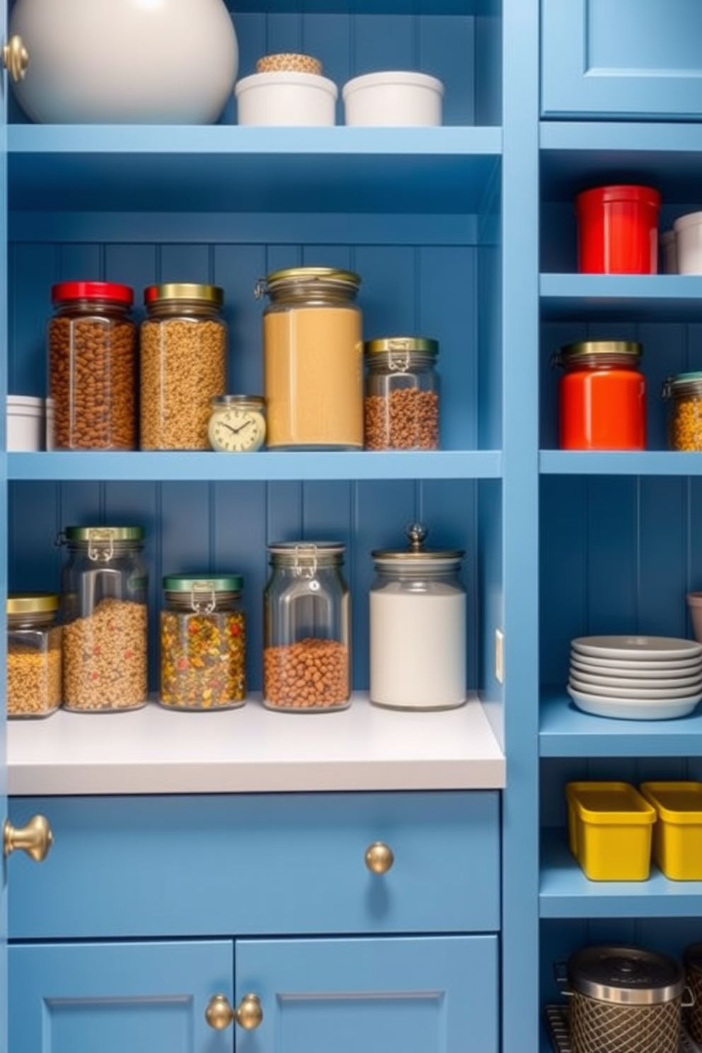 A cool slate blue pantry featuring sleek stainless steel hardware. The cabinetry is minimalist with clean lines, and open shelving displays an array of organized spices and jars.