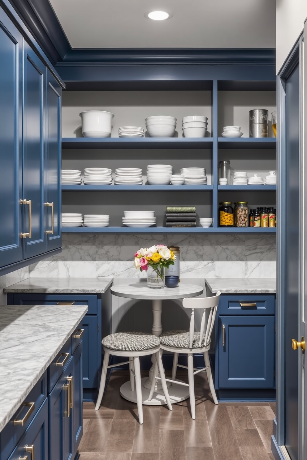 A classic blue and gray color scheme creates a timeless and elegant atmosphere in the pantry. The cabinetry features deep blue doors with brushed nickel handles, complemented by gray marble countertops and a stylish backsplash. Open shelving showcases neatly arranged dishware and pantry items, adding both functionality and charm. A cozy nook with a small table and two chairs invites casual dining or morning coffee in this beautifully designed space.