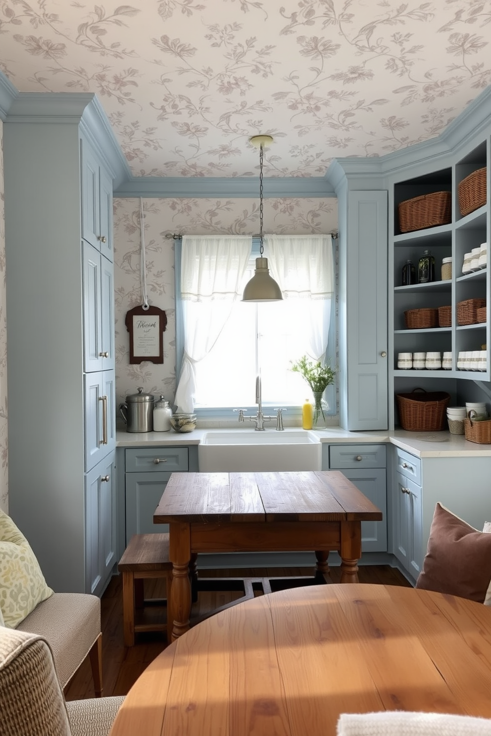 A cozy kitchen space featuring soft blue tones complemented by elegant floral wallpaper. The cabinetry is painted in a light blue hue, and a farmhouse sink is centered beneath a window adorned with sheer white curtains. The pantry is designed with open shelving displaying neatly organized jars and baskets. A rustic wooden table is placed in the center, surrounded by comfortable seating, creating an inviting atmosphere.