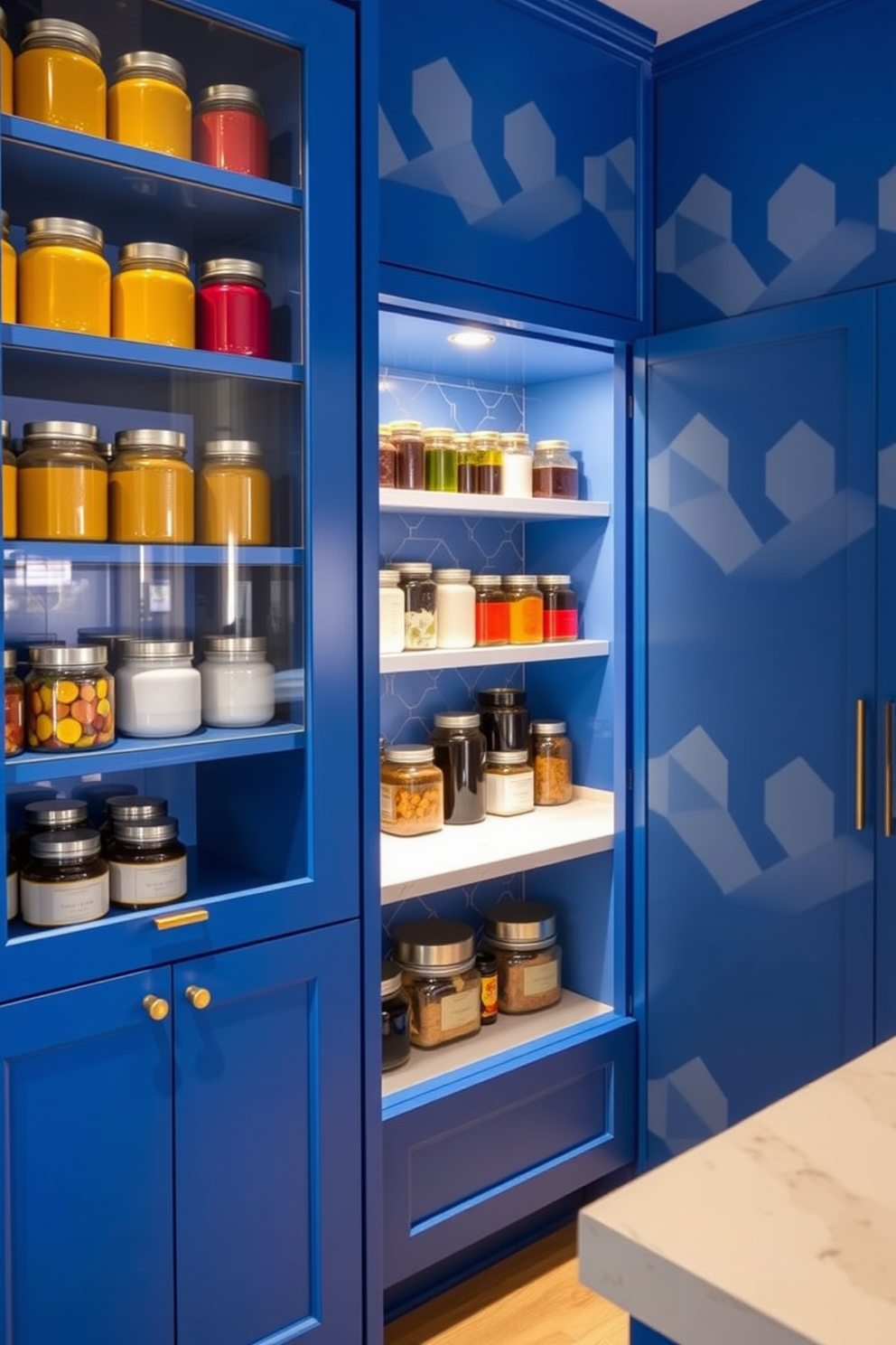 A classic navy and white checkerboard floor creates a stunning visual impact in the kitchen. The blue pantry features sleek cabinetry with brass handles and open shelves displaying elegant dishware. Soft lighting illuminates the space, highlighting the contrasting colors and textures. A large window allows natural light to flood in, enhancing the inviting atmosphere of the pantry.