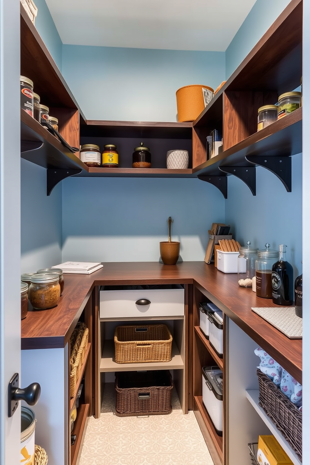 A serene kitchen space featuring soft pastel blue walls complemented by crisp white trim. The pantry showcases open shelving filled with neatly organized jars and baskets, creating an inviting and functional atmosphere.