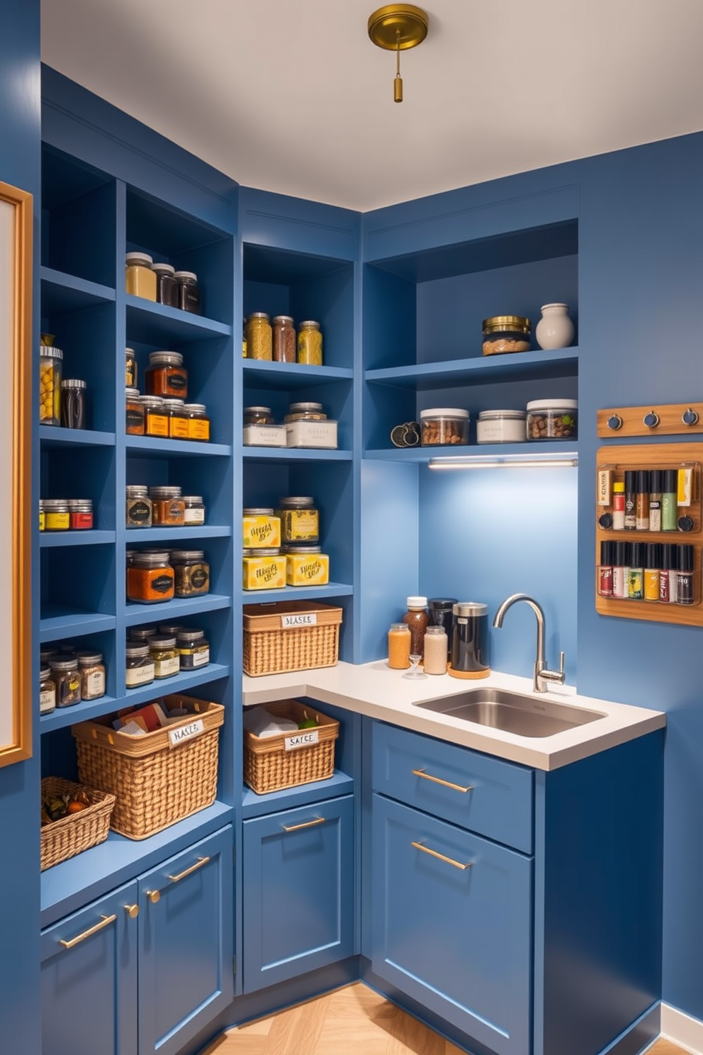 Chic powder blue walls create a serene atmosphere in the pantry, complemented by elegant gold fixtures that add a touch of luxury. Open shelving displays neatly organized jars and containers, while a marble countertop provides ample workspace for meal prep.