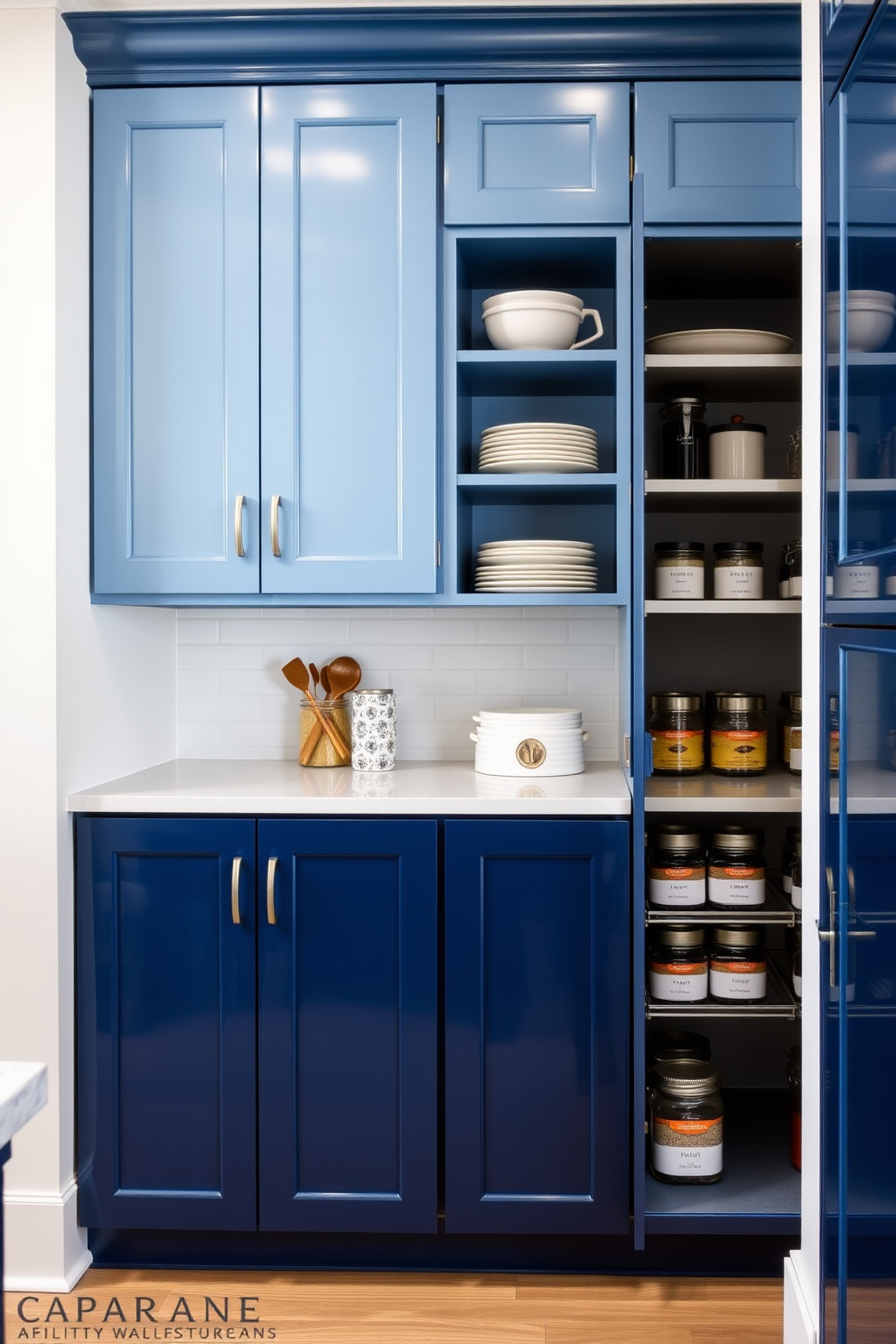 A modern kitchen featuring two-toned blue cabinets with a glossy finish. The upper cabinets are a lighter shade of blue while the lower cabinets are a deep navy, creating a striking contrast. Open shelves are incorporated above the lower cabinets, displaying stylish dishware and decorative items. The pantry design includes organized storage solutions with pull-out shelves and labeled containers for easy access.