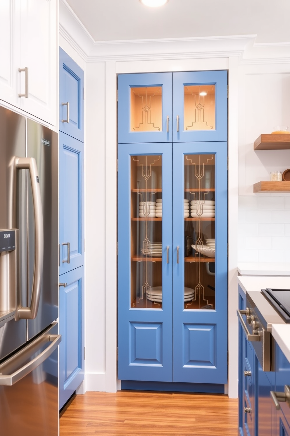 A light blue open shelving unit creates an airy feel in the kitchen. The shelves are filled with neatly arranged dishware and decorative items that enhance the space's brightness. The blue pantry features a sleek design with ample storage for dry goods and kitchen essentials. Its contemporary look is complemented by stylish hardware and organized shelving for easy access.