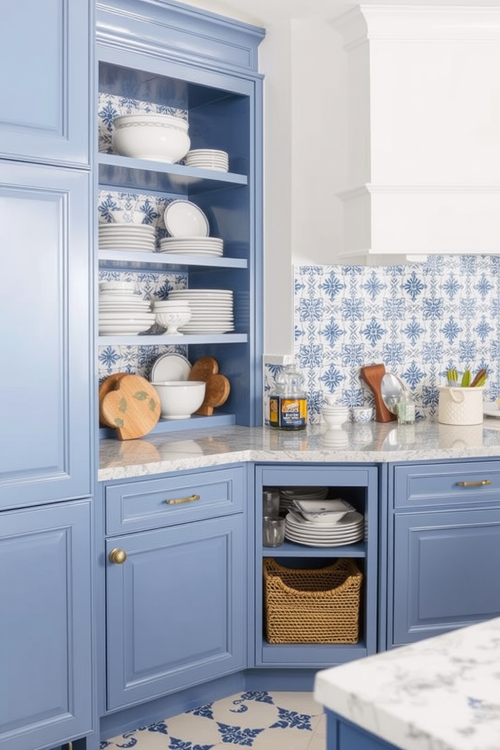 A classic blue and white tile backsplash creates a timeless and elegant look in a kitchen. The intricate patterns of the tiles complement the overall design while adding a touch of sophistication. For the blue pantry design, consider incorporating open shelving to display beautiful dishware and pantry items. The cabinetry can be painted in a soft blue shade, enhancing the inviting atmosphere of the space.