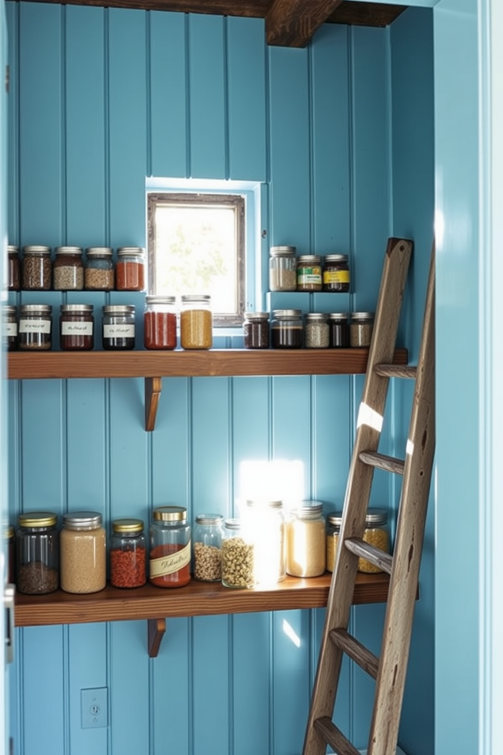 A sky blue pantry with rustic wooden shelves that showcase a variety of jars and spices. The walls are painted in a soft sky blue, creating a calm and inviting atmosphere. Natural light filters in through a small window, illuminating the space and highlighting the textures of the wood. A vintage ladder leans against the shelves, adding a charming touch to the overall design.