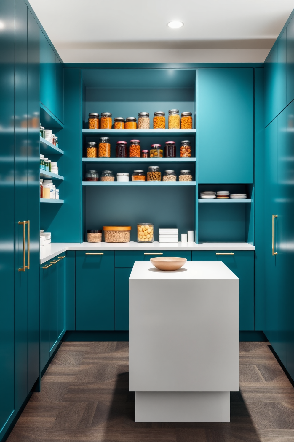 A sky blue pantry filled with rustic wood shelves that showcase an array of colorful jars and spices. The walls are adorned with vintage-style wallpaper, adding charm and character to the space.