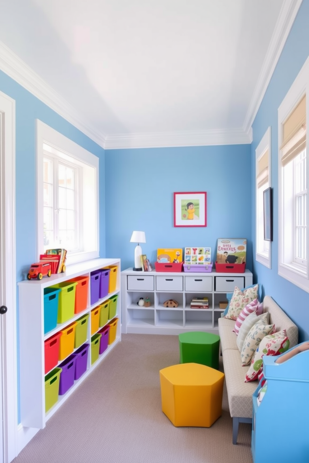 A playful blue playroom filled with natural light. The walls are painted a soft blue, accented by crisp white trim, creating a serene yet cheerful atmosphere. Colorful storage bins are neatly arranged along one wall, providing easy access to toys and books. A cozy reading nook with plush cushions invites children to settle in with their favorite stories.