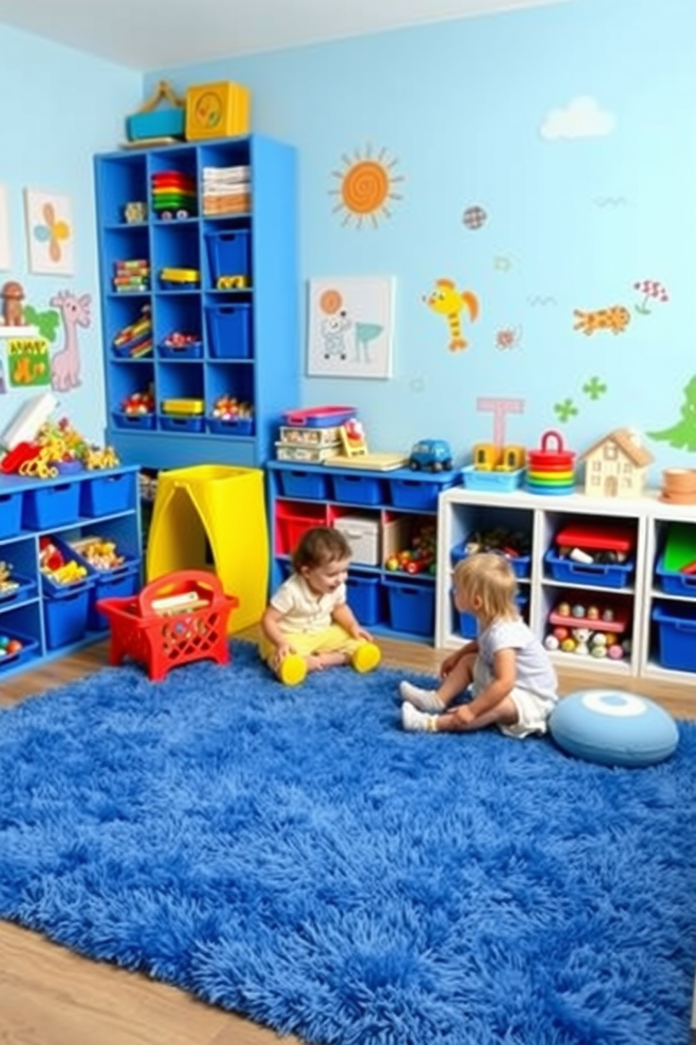 A vibrant playroom filled with creativity and fun. Blue storage bins are neatly arranged to organize colorful toys, creating a tidy and inviting space for children to play. The walls are painted in a cheerful light blue, complemented by playful artwork and decals. Soft, plush rugs in various shades of blue provide a comfortable area for kids to sit and engage in imaginative activities.