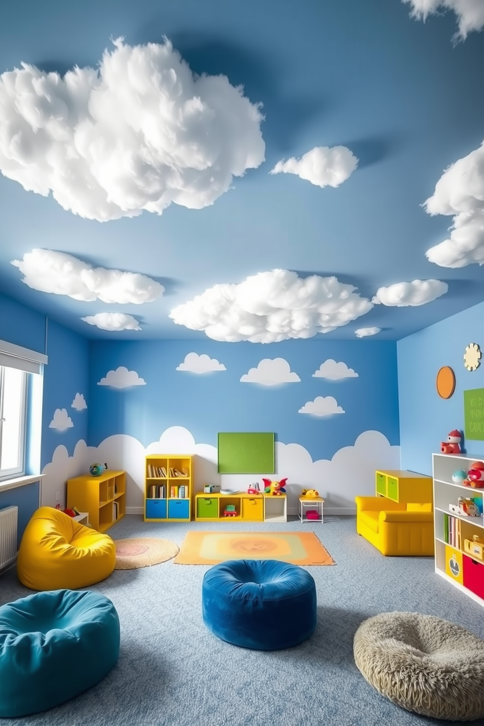 A whimsical cloud ceiling creates a dreamy atmosphere with fluffy white clouds scattered across a soft blue backdrop. The playroom features playful elements like colorful rugs and plush seating, inviting creativity and imagination. The blue playroom design incorporates vibrant accents such as bright yellow furniture and green wall art. Cozy nooks with bean bags and shelves filled with toys enhance the fun and inviting environment for children.