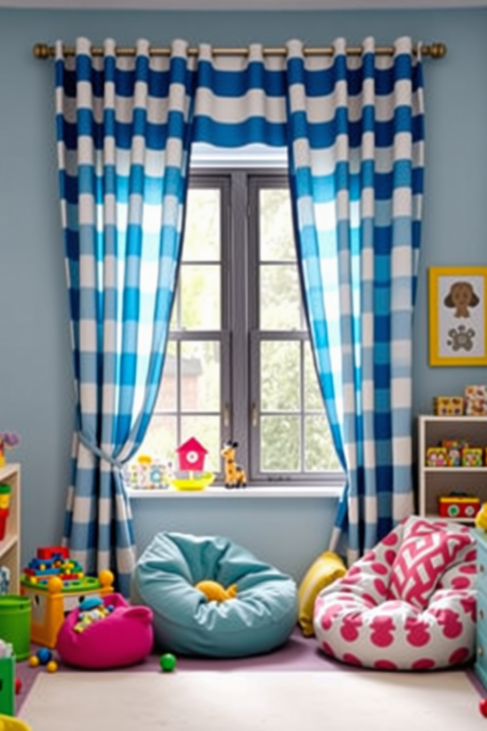 A playful playroom setting featuring blue and white striped curtains that frame a large window. The room is filled with colorful toys and soft furnishings, creating an inviting atmosphere for children to explore and play. The walls are painted in a light blue hue, complementing the vibrant decor. A cozy reading nook with bean bags and a small bookshelf adds a touch of comfort to the space.