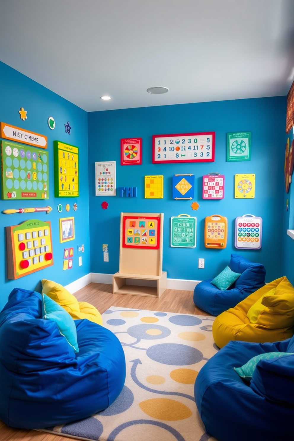 A playful blue and white themed playroom features a large plush area rug in soft blue surrounded by white furniture. The walls are painted in a crisp white, adorned with blue accent shelves filled with toys and books. In one corner, a cozy reading nook is created with a blue bean bag chair and a white bookshelf. Bright blue curtains frame the windows, allowing natural light to fill the space while adding a cheerful touch.