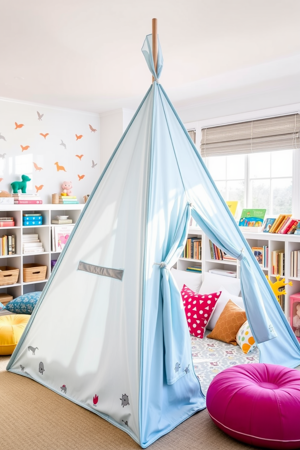 An interactive chalkboard wall in a vibrant blue color serves as the focal point of the playroom. Surrounding the wall, colorful shelves are filled with toys, books, and art supplies, creating an inviting and creative atmosphere. The playroom features a soft area rug in playful patterns, providing a comfortable space for children to sit and play. Natural light streams in through large windows, enhancing the cheerful ambiance of the room.