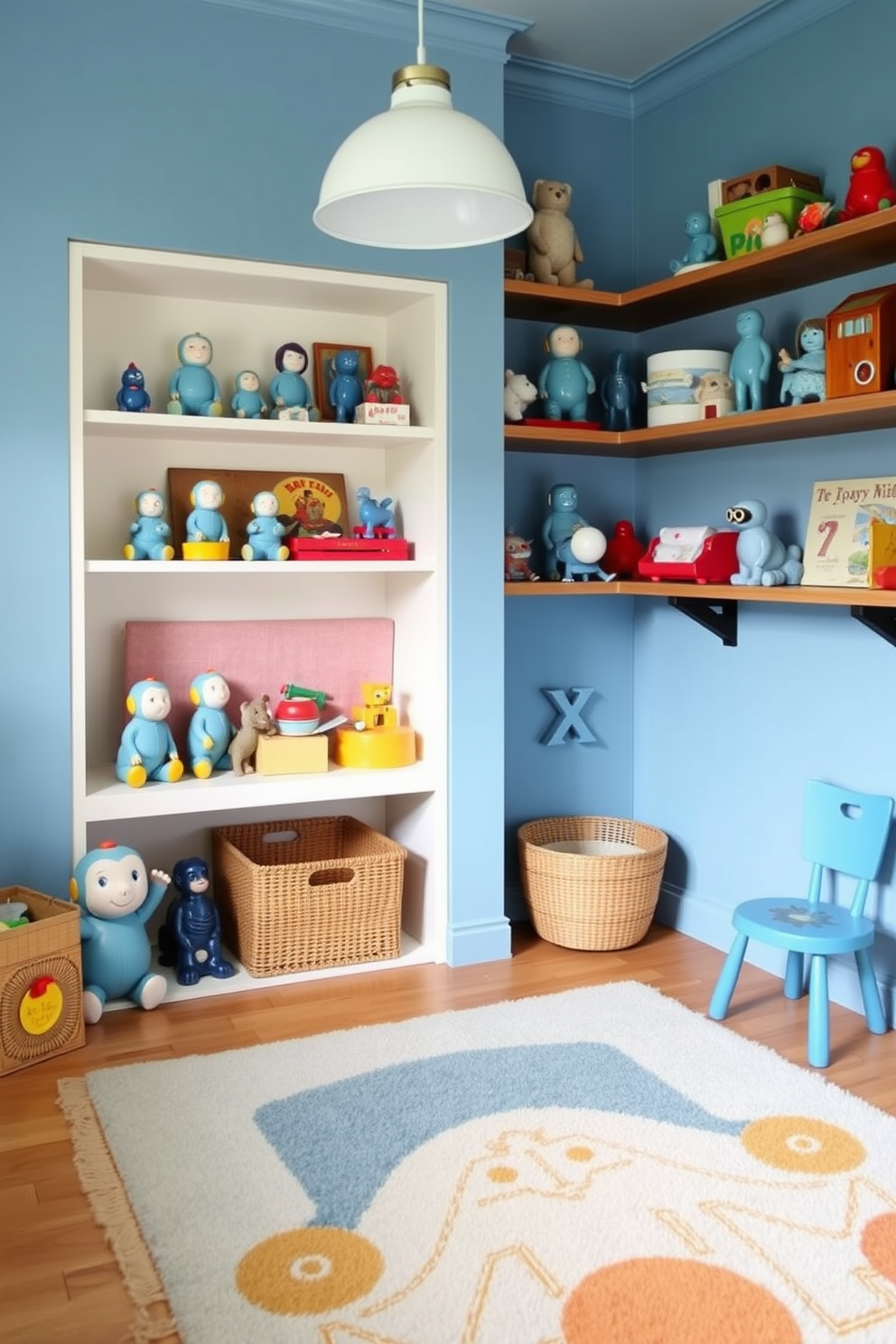 A charming playroom filled with vintage blue toys arranged on open shelving. The walls are painted a soft pastel blue, and a cozy area rug in complementary colors adds warmth to the space.