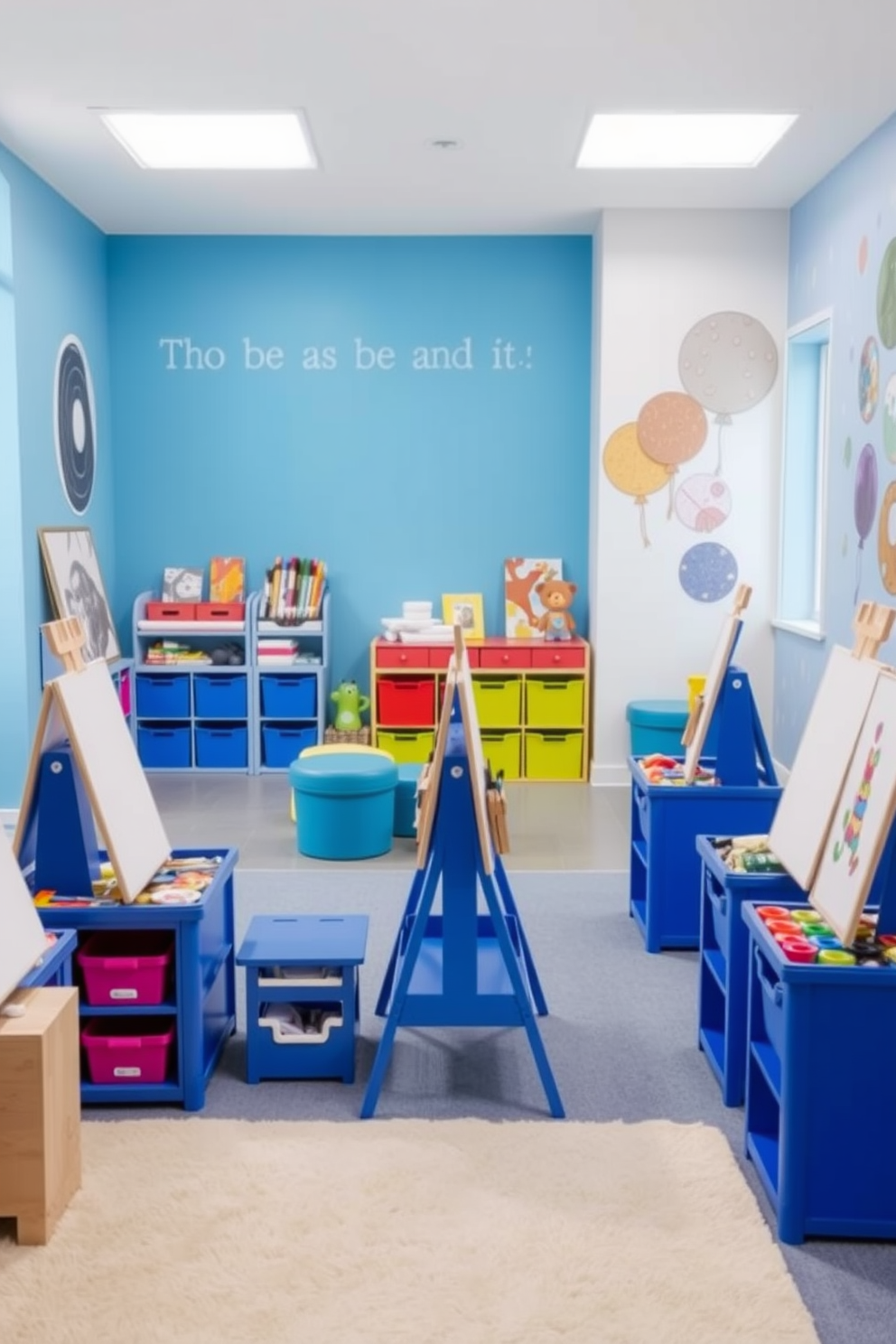 A vibrant playroom filled with imaginative decor. The walls are painted in a cheerful light blue, and playful blue curtains hang from the windows, allowing soft light to filter in. Colorful rugs cover the floor, providing a soft area for play. Various shelves display toys and books, creating an inviting and organized space for children to explore.