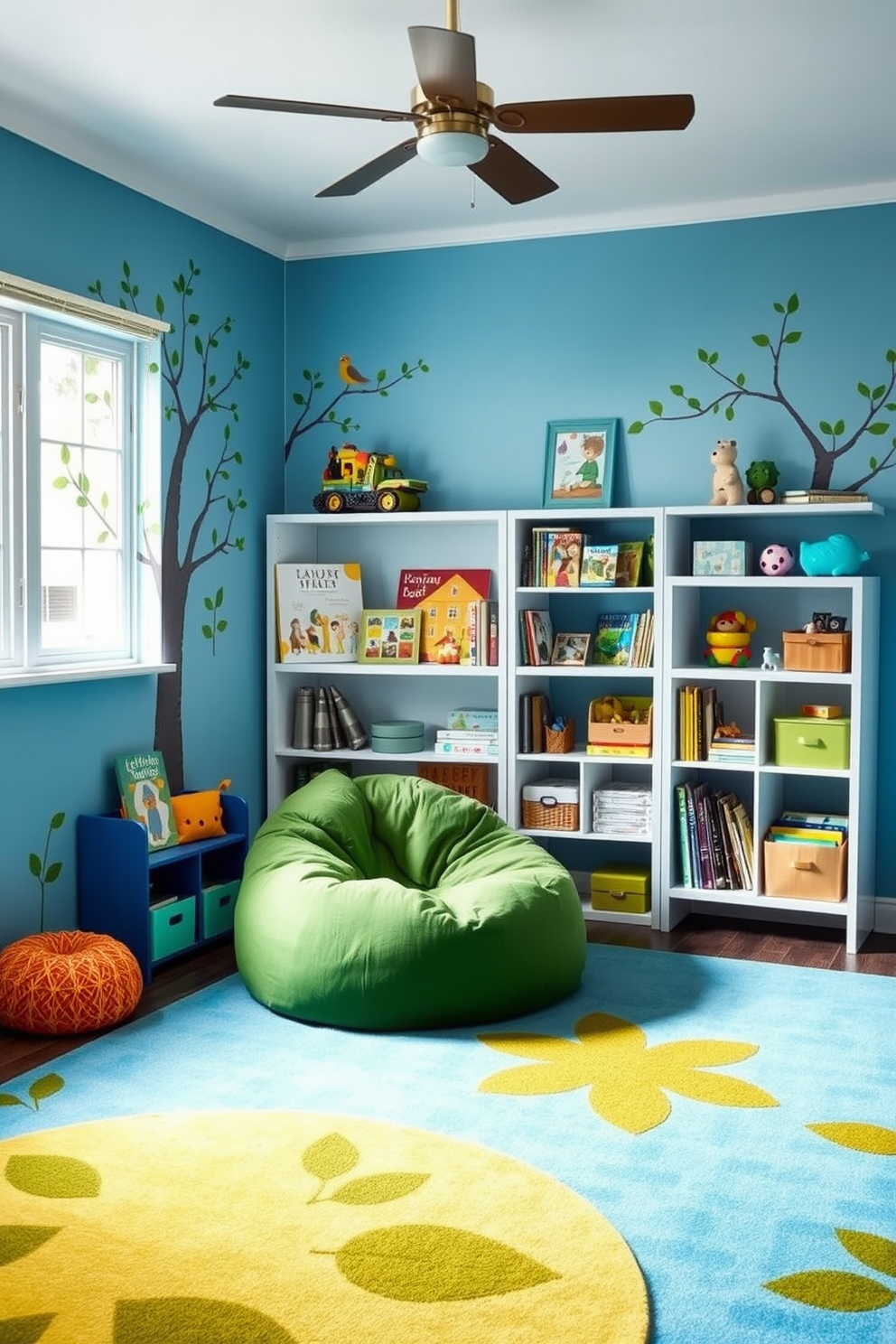 A serene playroom filled with blue and green nature-inspired decor. The walls are painted in a soft blue hue, adorned with whimsical tree and leaf murals that evoke a sense of the outdoors. A cozy reading nook features a plush green bean bag chair surrounded by shelves filled with nature-themed books and toys. Brightly colored rugs with leaf patterns add warmth and comfort to the playful space.