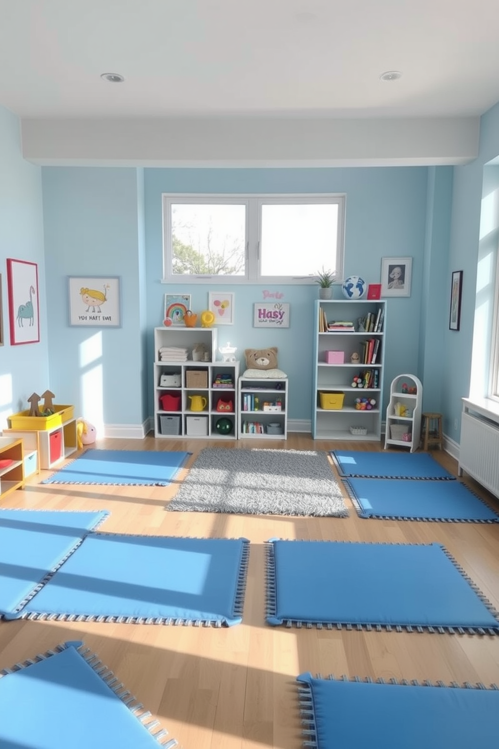 A cozy playroom filled with soft blue play mats to ensure safety and comfort for children. The walls are painted in a light pastel blue, complemented by playful artwork and shelves filled with colorful toys. In one corner, a comfortable reading nook features plush cushions and a small bookshelf. Natural light streams in through large windows, creating a bright and inviting atmosphere for play and creativity.