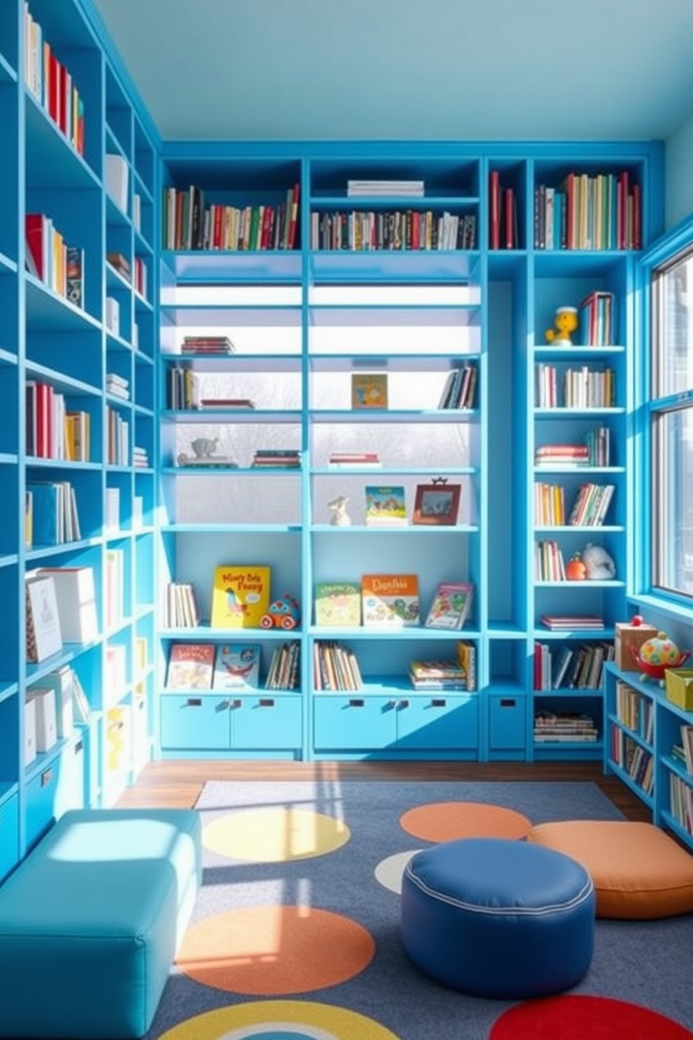 A playful playroom featuring soft blue wall decals that create a whimsical atmosphere. The room is filled with colorful furniture and plush rugs, inviting children to explore and play.