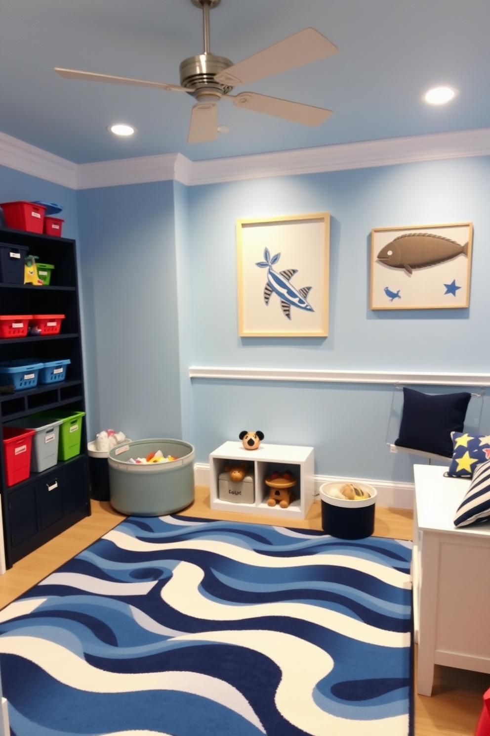 A playful blue playroom designed with a nautical theme. The walls are painted in a soft sky blue, and navy accents are incorporated through furniture and decor items. A large, comfortable area rug features a wave pattern, creating a cozy play space. Shelves are filled with colorful bins for toys, and wall art showcases marine life, adding to the whimsical atmosphere.