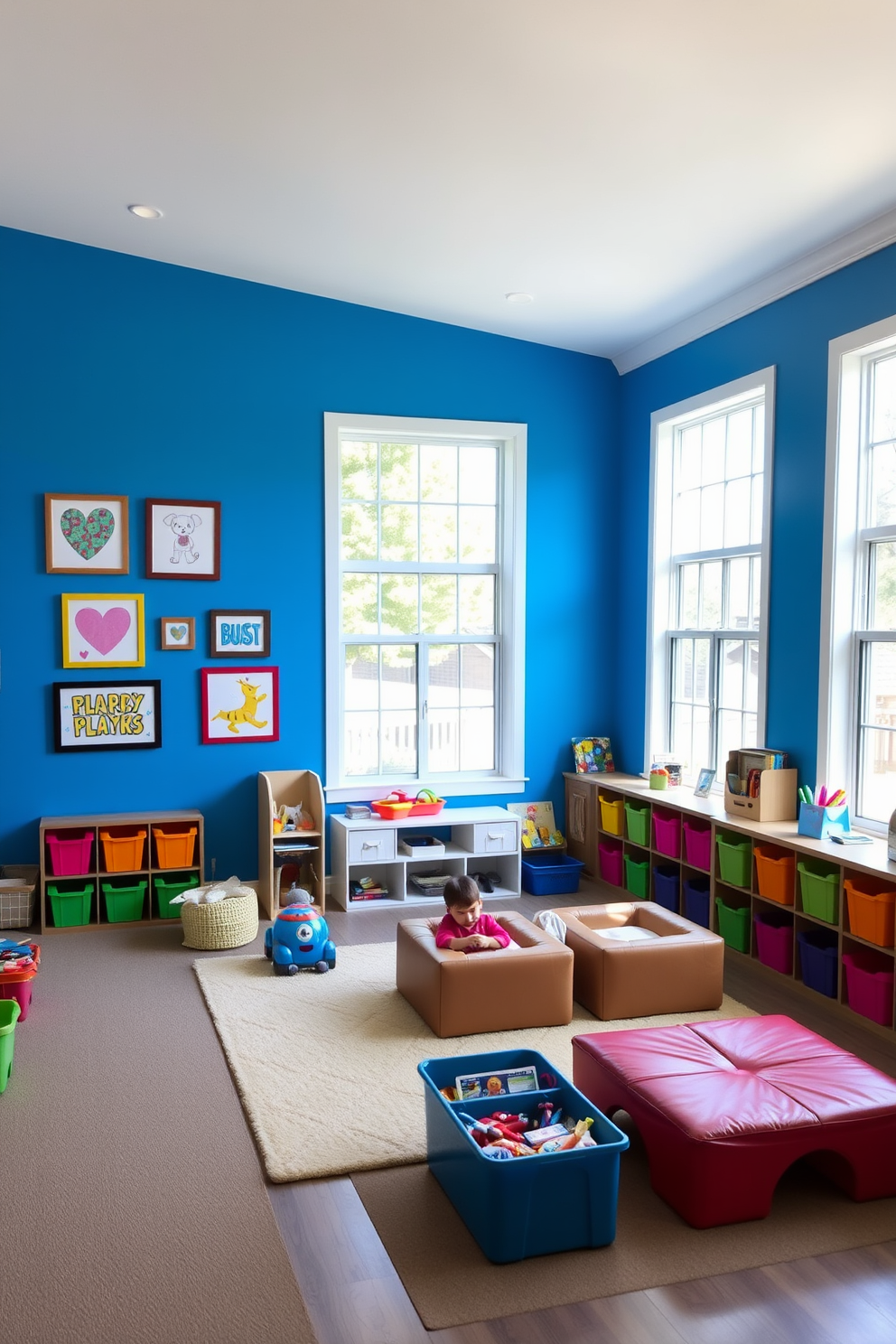 A vibrant blue accent wall serves as the focal point of the playroom, adorned with colorful framed artwork that sparks creativity and imagination. The space is filled with playful furniture, including a soft rug and cozy seating areas, inviting children to explore and engage in various activities. Brightly colored storage bins are neatly arranged along one side, providing easy access to toys and games while keeping the area tidy. Large windows allow natural light to flood the room, enhancing the cheerful atmosphere and making it a perfect place for play and learning.