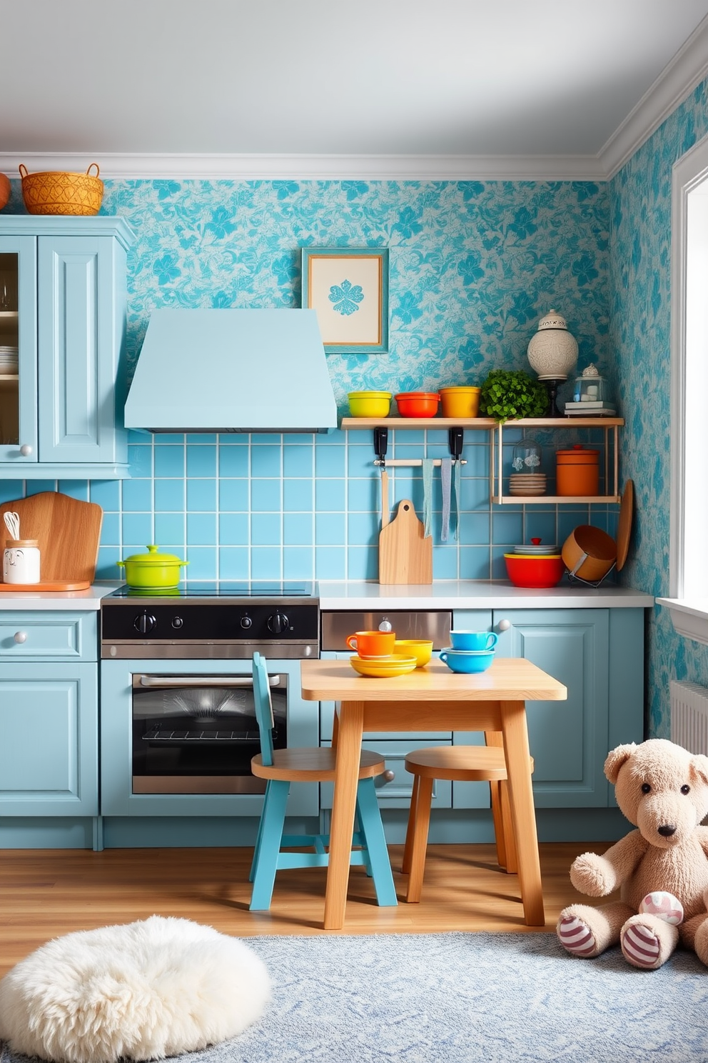 A playful kitchen setting featuring cheerful blue tones. The cabinetry is a soft sky blue with white countertops and playful accessories like colorful dishware and a small wooden table for kids. The walls are adorned with bright blue wallpaper featuring fun patterns. A cozy play area with a soft rug and plush toys is included to create an inviting atmosphere for children.