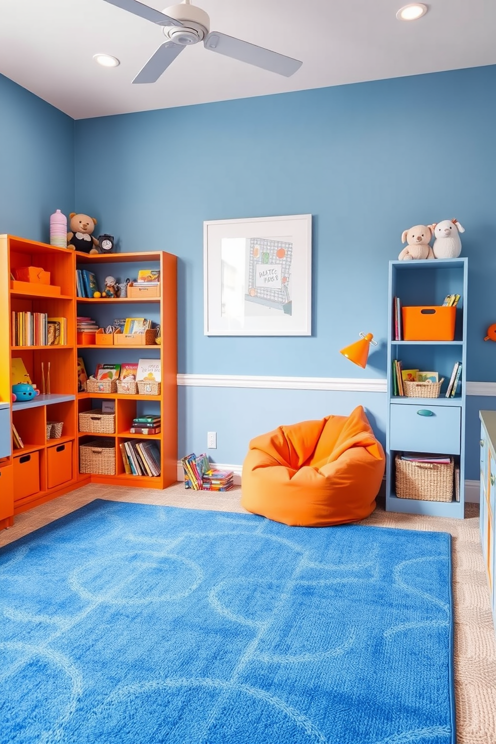 A vibrant playroom featuring a blue and orange color scheme that energizes the space. The walls are painted in a soft blue, while bright orange accents are incorporated through furniture and decor. A cozy reading nook with a plush orange bean bag chair sits in one corner, surrounded by shelves filled with colorful books. A large blue rug anchors the room, providing a playful area for children to play and explore.