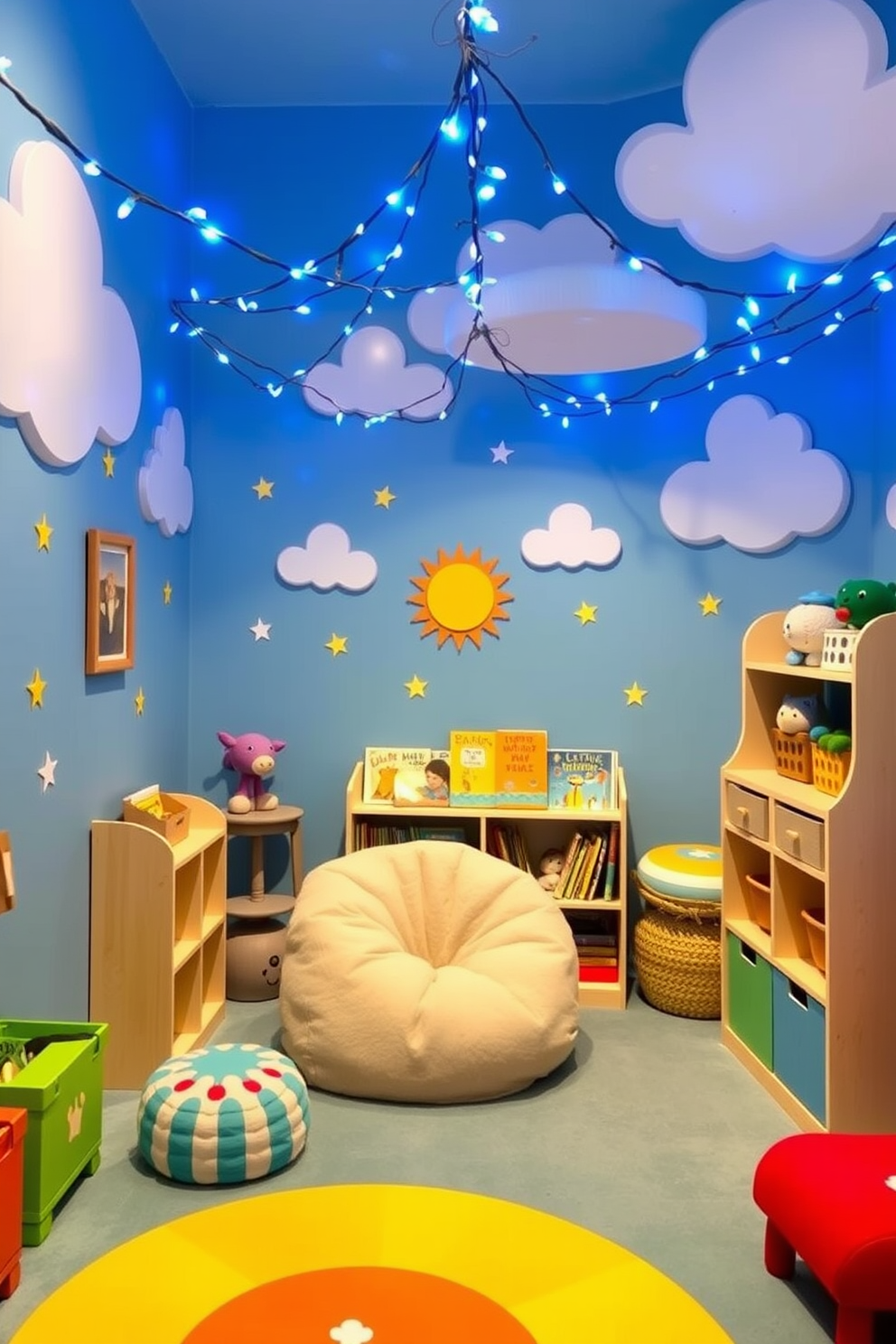 A vibrant blue themed puzzles and games area designed for children. The walls are painted in a cheerful light blue, with colorful puzzle-themed murals that inspire creativity and play. Comfortable seating options in shades of navy and sky blue are arranged around a large, soft rug. Shelving units filled with games and puzzles are easily accessible, encouraging kids to explore and engage.