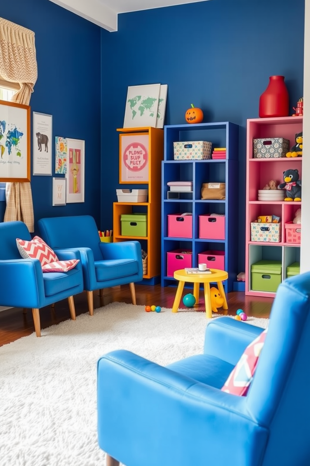 Create a vibrant playroom featuring stylish blue chairs designed for playdates. The room is filled with playful decor, colorful storage solutions, and a soft rug to enhance comfort and creativity.