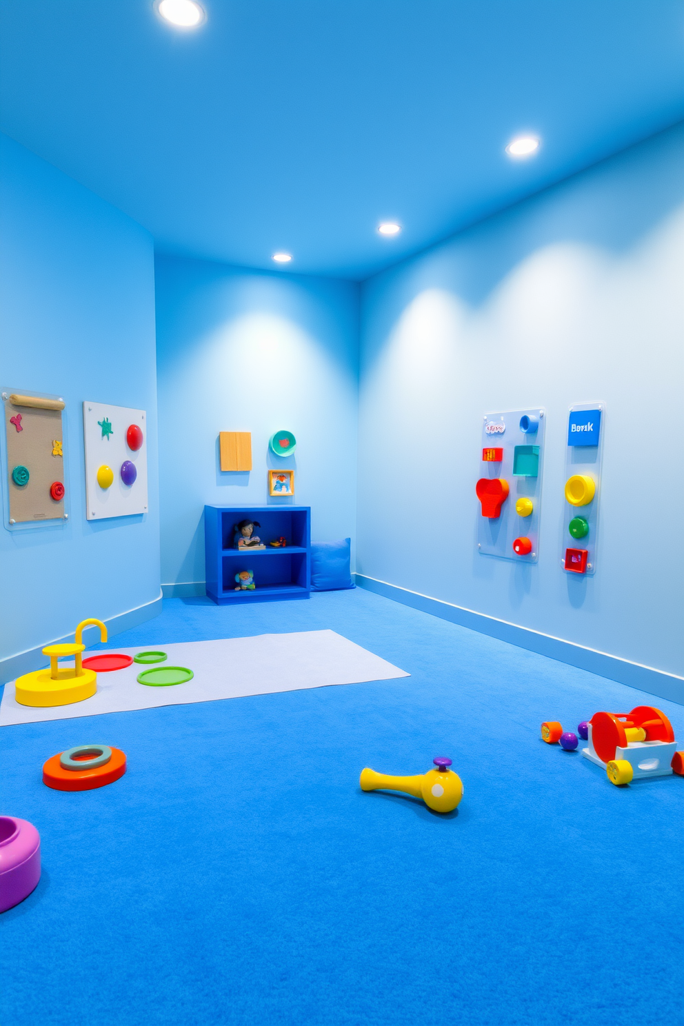 A serene blue-themed sensory play area designed for children. The walls are painted in soft shades of blue, creating a calming atmosphere, while the floor is covered with plush, blue foam mats for safety and comfort. Colorful sensory toys and interactive wall panels are strategically placed throughout the room. A cozy reading nook with blue cushions and a small bookshelf encourages imaginative play and relaxation.