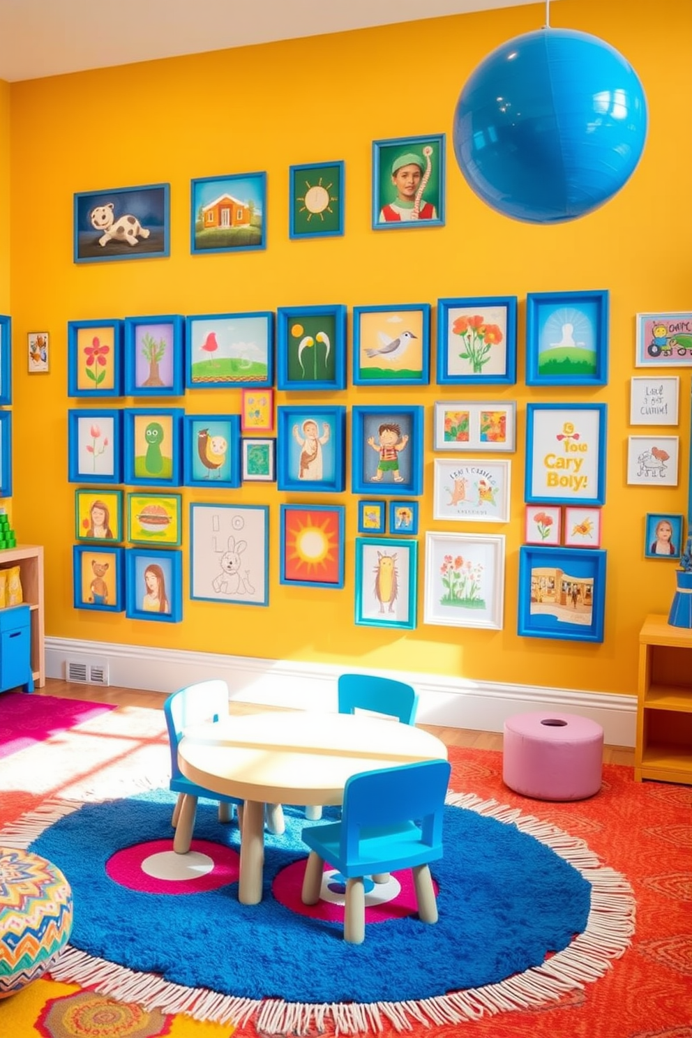 A creative art wall features an array of vibrant paintings and prints framed in blue frames. The wall serves as a focal point in the playroom, inspiring imagination and creativity in children. The playroom is designed with soft, colorful rugs and playful furniture that encourages exploration and fun. Bright blue accents complement the overall design, creating a cheerful and inviting atmosphere.