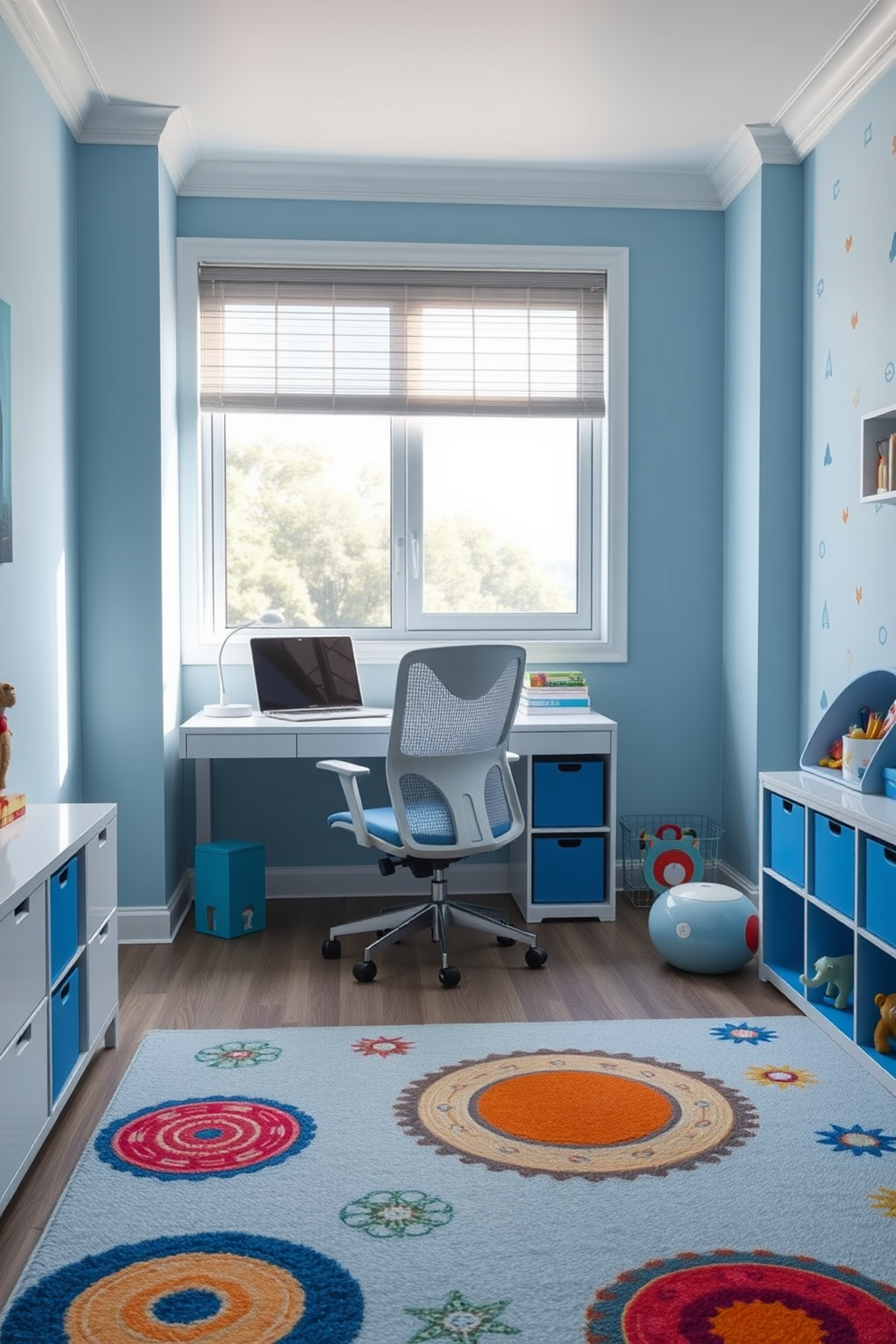 A vibrant playroom filled with bright blue play mats that provide a safe and inviting space for children to play. The walls are painted in a soft white, adorned with colorful artwork and playful decals, creating an energetic atmosphere. In one corner, a cozy reading nook features a plush bean bag chair and a small bookshelf stocked with children's books. Natural light floods the room through large windows, enhancing the cheerful ambiance and making it the perfect place for creativity and fun.