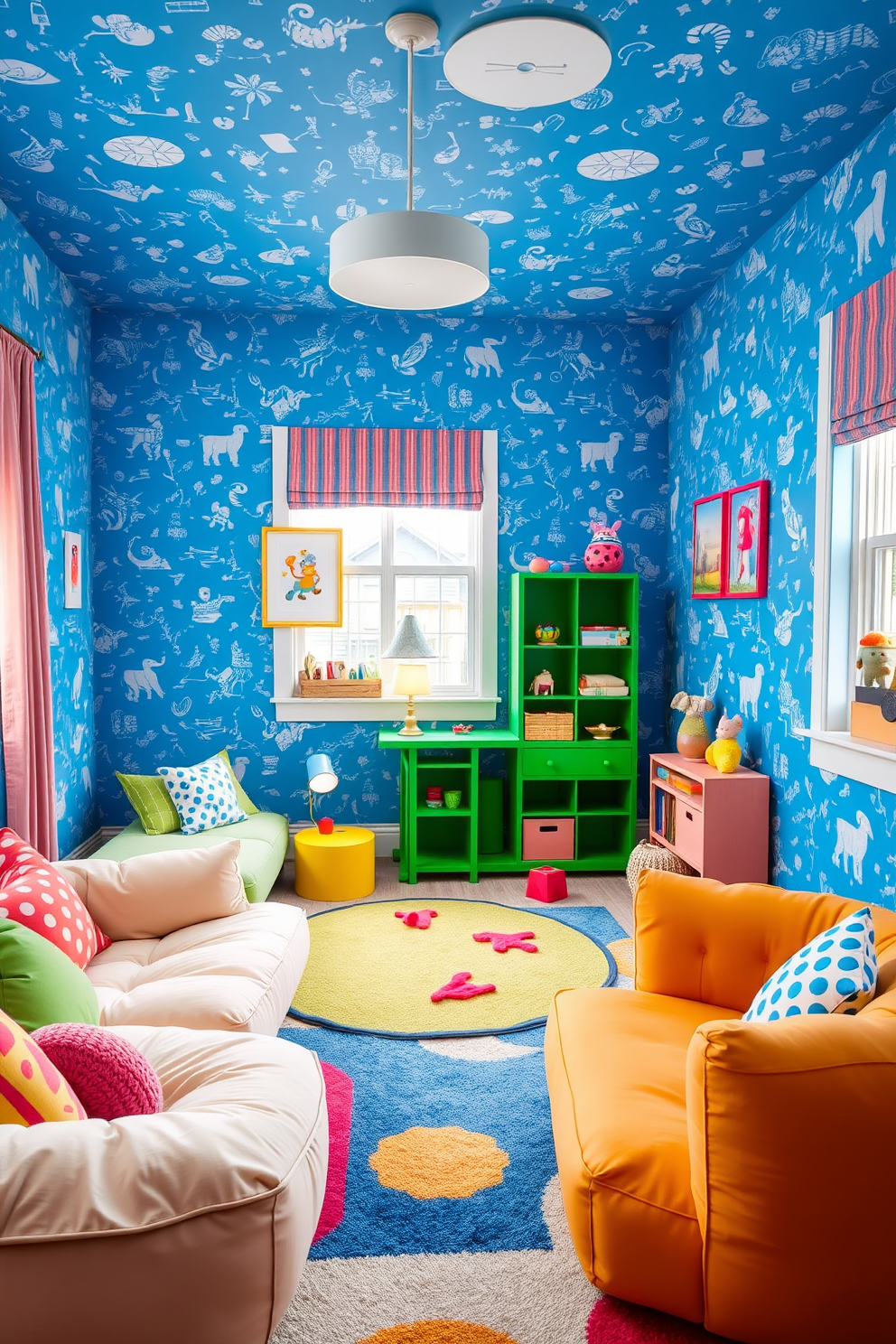 A vibrant playroom filled with energy and creativity. The walls are adorned with blue wallpaper featuring whimsical patterns that inspire imagination. Soft, comfortable seating arrangements create inviting spaces for play and relaxation. Colorful rugs and playful decor elements enhance the cheerful atmosphere of the room.