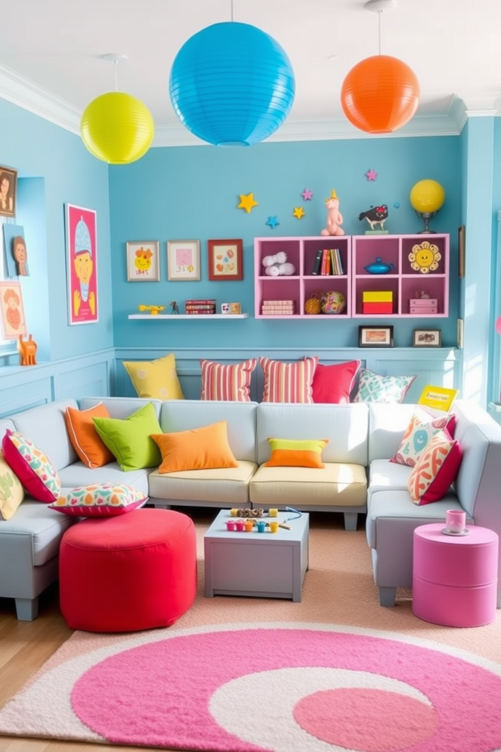 A whimsical playroom filled with light blue furniture that invites creativity and fun. Colorful cushions in various shapes and sizes are scattered across the seating, adding a playful touch to the space. Brightly colored wall art and playful decorations bring the room to life. A soft area rug in complementary colors anchors the seating area, creating a cozy atmosphere for play and relaxation.