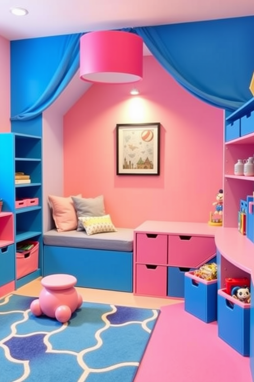 A cozy playroom designed with blue themed bookshelves that provide easy access to a variety of children's books. The shelves are filled with colorful books and toys, creating an inviting and playful atmosphere. The playroom features soft blue walls and comfortable seating options, encouraging creativity and relaxation. A plush rug in shades of blue adds warmth and texture to the space, making it perfect for playtime activities.