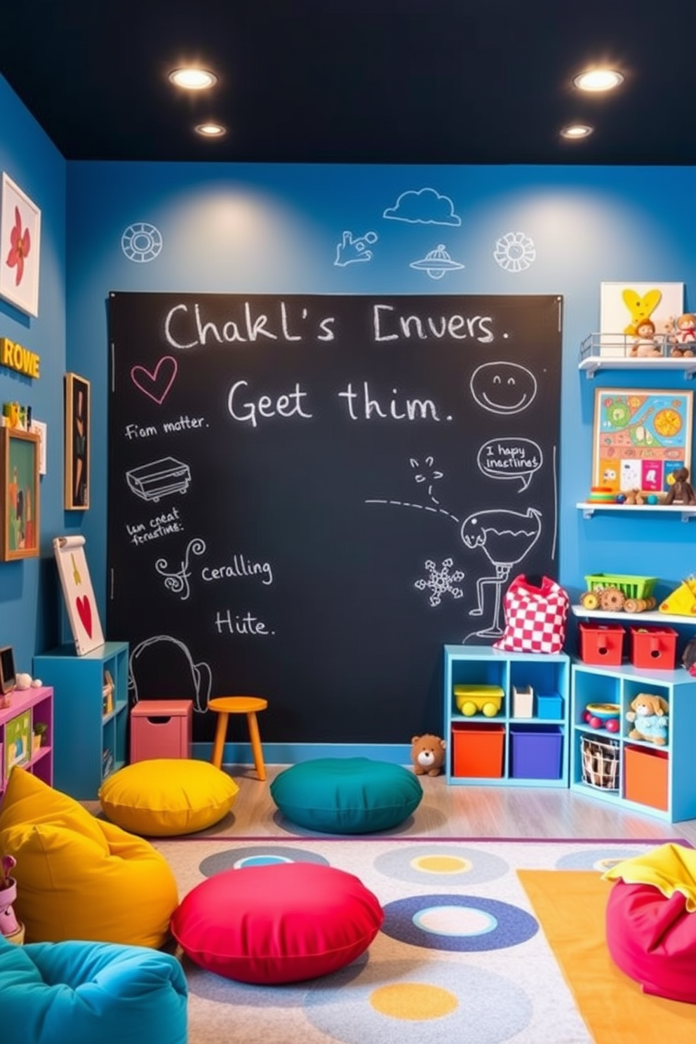 A vibrant playroom featuring a large chalkboard wall that invites creativity and imagination. The room is filled with colorful furniture and soft rugs, creating a fun and inviting atmosphere for children to explore and play. The walls are painted in a cheerful blue hue, complemented by playful artwork and storage solutions that keep toys organized. Brightly colored cushions and bean bags provide comfortable seating for playtime activities and reading corners.