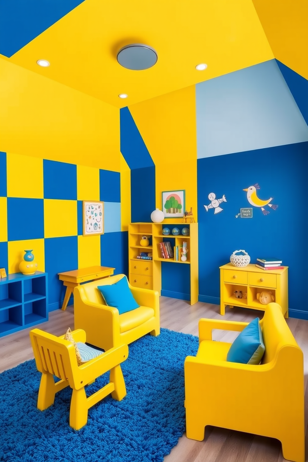 A vibrant playroom featuring a blue and yellow color block design. The walls are painted in alternating blue and yellow sections, creating an energetic atmosphere for children. Bright yellow furniture contrasts with deep blue accents throughout the room. Soft blue rugs provide comfort underfoot, while playful wall art adds a whimsical touch.