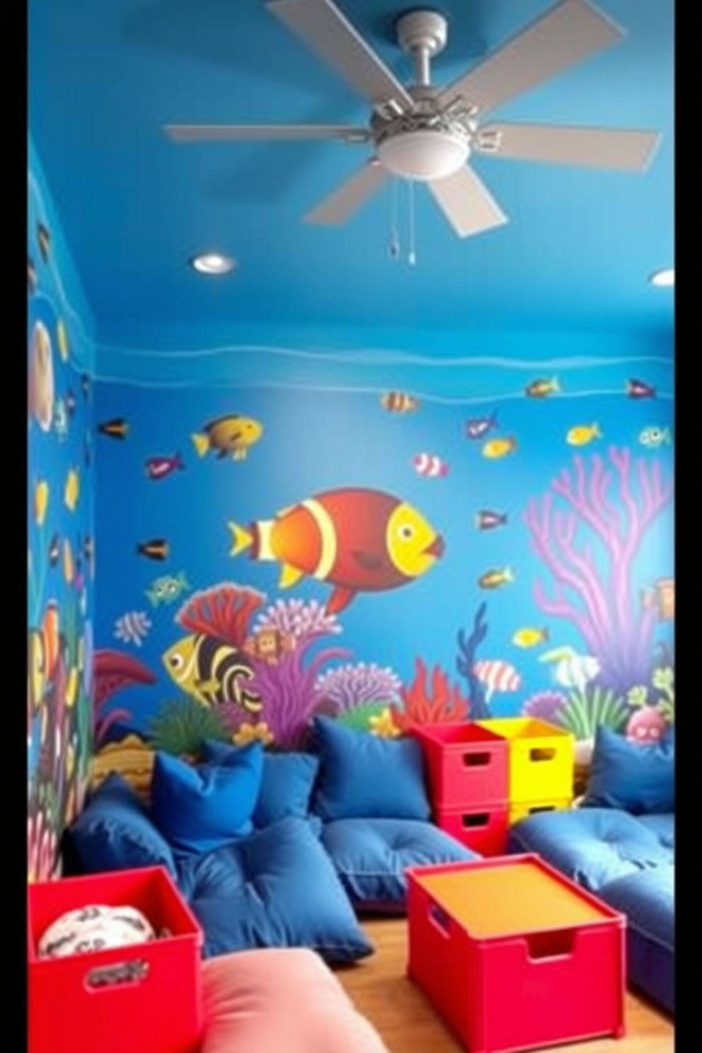 A vibrant underwater mural covers the walls, featuring colorful fish, coral reefs, and playful sea creatures. The ceiling is painted a soft blue to create a seamless transition from the mural, enhancing the fun atmosphere. The playroom is filled with soft, oversized cushions in various shades of blue, providing a comfortable space for kids to play. Brightly colored storage bins are strategically placed to keep toys organized while adding a playful touch to the design.