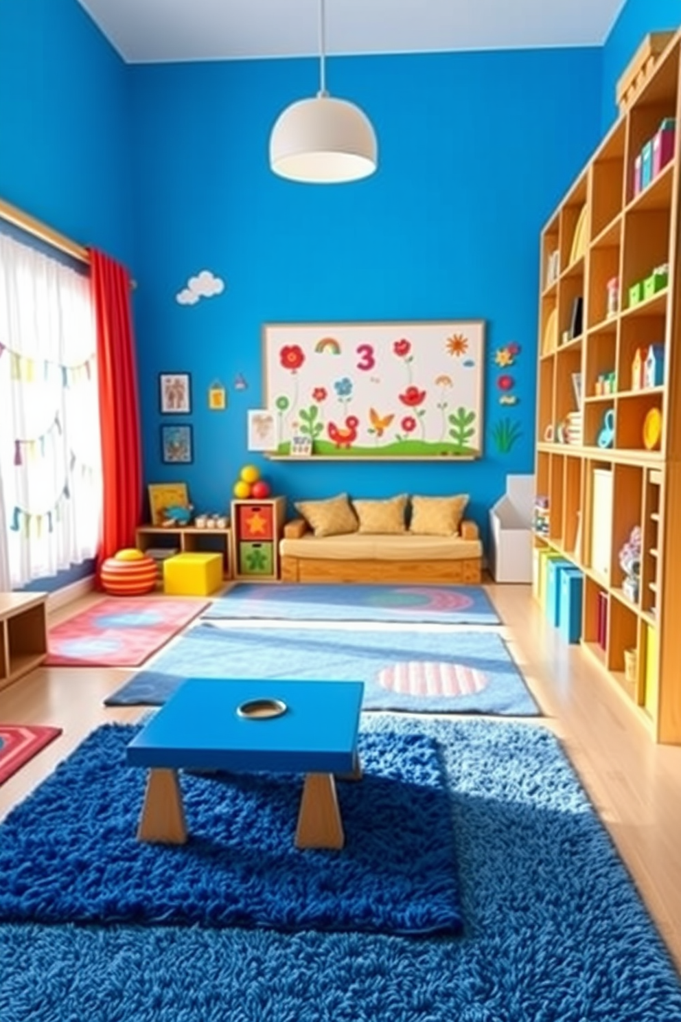 A vibrant playroom filled with creativity and fun. The floor is adorned with blue patterned rugs that add texture and warmth to the space. Bright blue walls create an inviting atmosphere while playful wall decals feature whimsical designs. A soft seating area with colorful cushions invites children to relax and play.