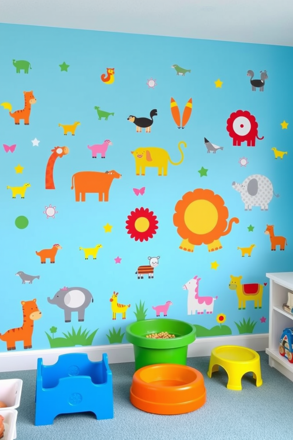 A sky blue ceiling creates an airy and open atmosphere in the playroom. The walls are painted in a soft white to enhance the lightness of the space while providing a perfect backdrop for colorful decor. Incorporate playful furniture pieces such as bean bags and a low table for creative activities. Brightly colored storage bins can be added to keep toys organized and accessible, encouraging a tidy and inviting environment.