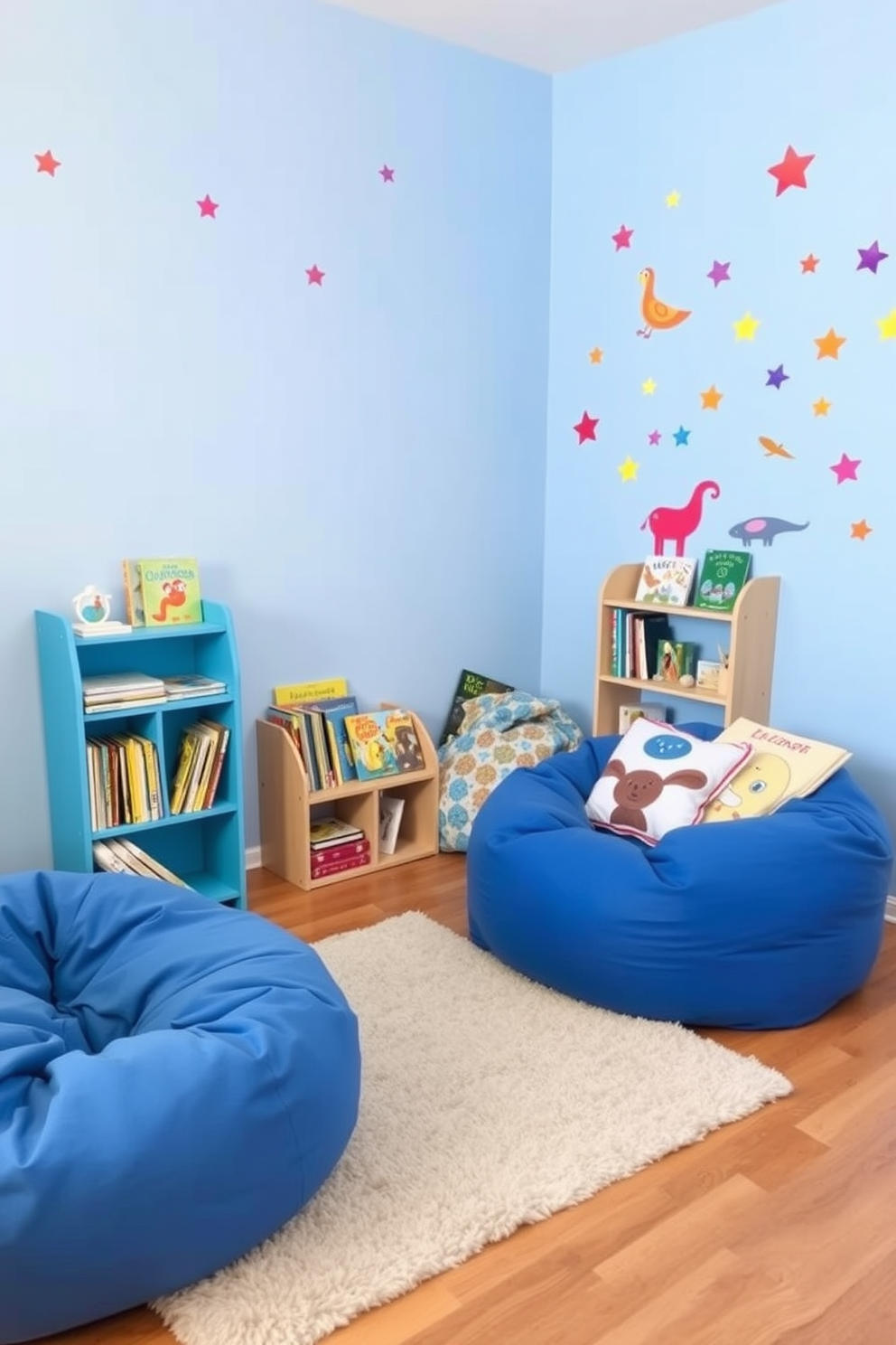 Cozy reading nook with blue bean bags. A small bookshelf filled with colorful children's books is placed against the wall, and a soft rug lies beneath the bean bags. Blue playroom design ideas. The walls are painted in a light blue hue, and vibrant wall decals of animals and stars create a playful atmosphere.