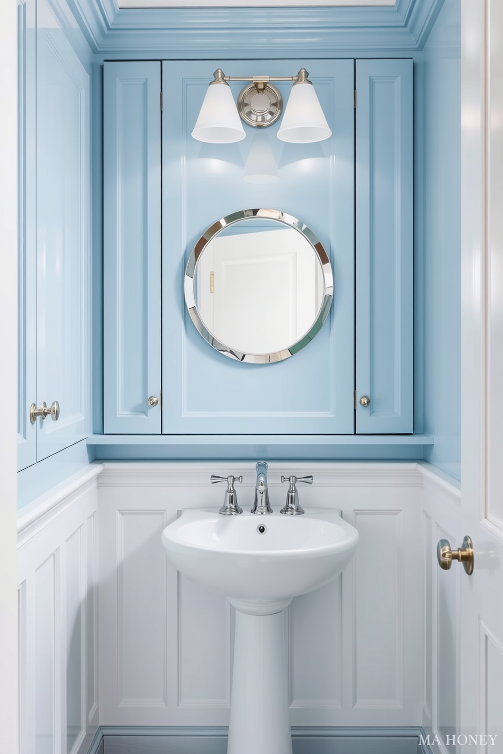 Sky blue cabinetry with elegant hardware creates a serene atmosphere in the powder room. The walls are adorned with delicate white wainscoting, complementing the cabinetry beautifully. A round mirror with a polished chrome frame hangs above a white pedestal sink. Soft lighting fixtures illuminate the space, enhancing the calming blue tones throughout.