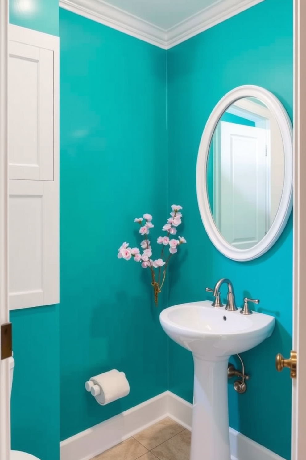 A vibrant powder room featuring teal walls that create a bold backdrop. Bright white accents are used in the cabinetry and trim, enhancing the overall brightness of the space. The room includes a sleek white pedestal sink paired with a modern faucet. A large round mirror with a white frame reflects the lively colors, adding depth and style.