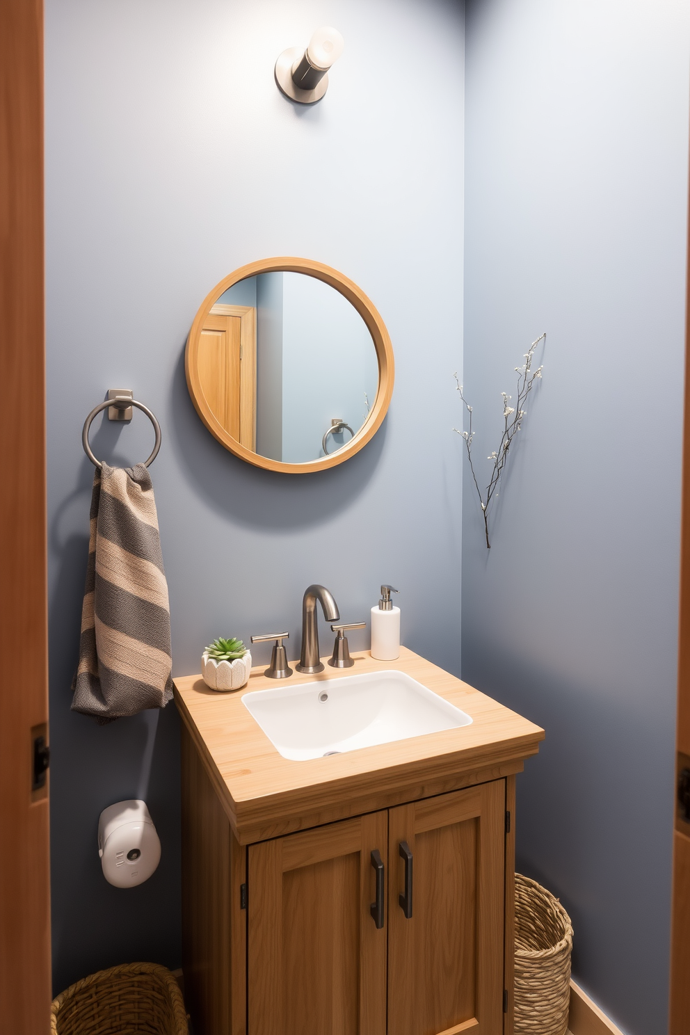 A serene powder room featuring muted blue hues complemented by natural wood accents. The walls are painted in a soft blue shade, while a wooden vanity with a sleek countertop adds warmth to the space. Above the vanity, a stylish round mirror with a wooden frame enhances the natural aesthetic. Decorative elements like a woven basket and a small potted plant bring a touch of nature indoors, creating a tranquil atmosphere.