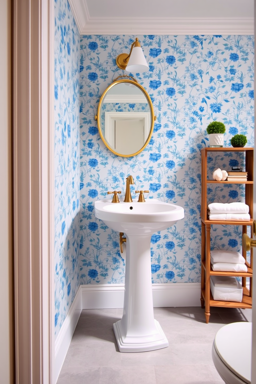 A charming powder room adorned with blue floral wallpaper that brings a fresh and vibrant atmosphere. The space features a sleek white pedestal sink complemented by a vintage-style gold faucet and a small round mirror above it. To the right, a compact wooden shelf holds neatly folded towels and decorative items. The floor is finished with light gray tiles that enhance the overall elegance of the room.