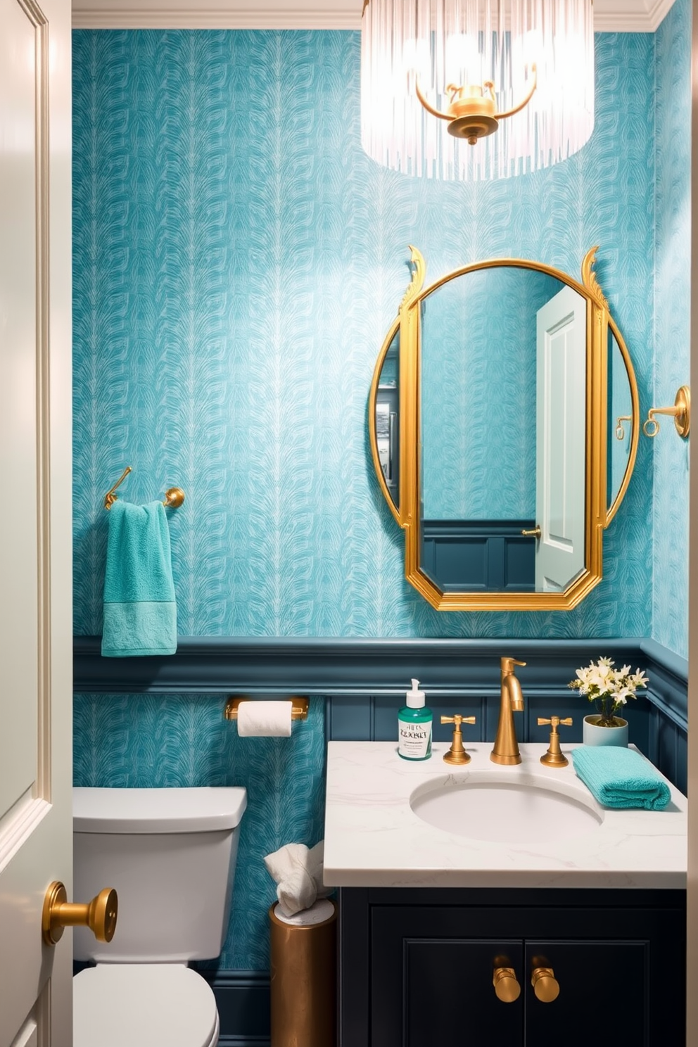 A stylish blue powder room features geometric patterns on the walls that combine deep navy and shimmering gold accents. The space is enhanced by a sleek gold-framed mirror above a modern pedestal sink, complemented by elegant blue accessories.